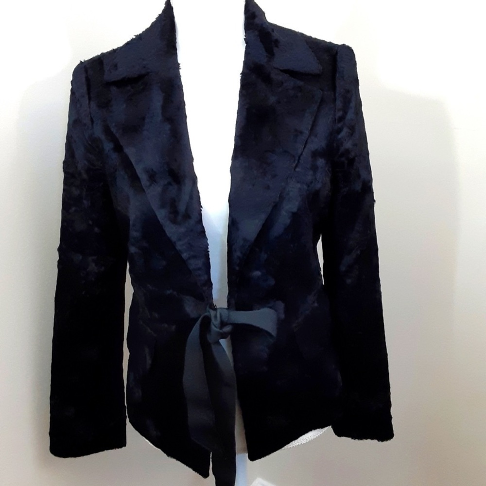 Club Monaco Black Faux Fur Blazer Tie Front Waist Crushed Velvet Small